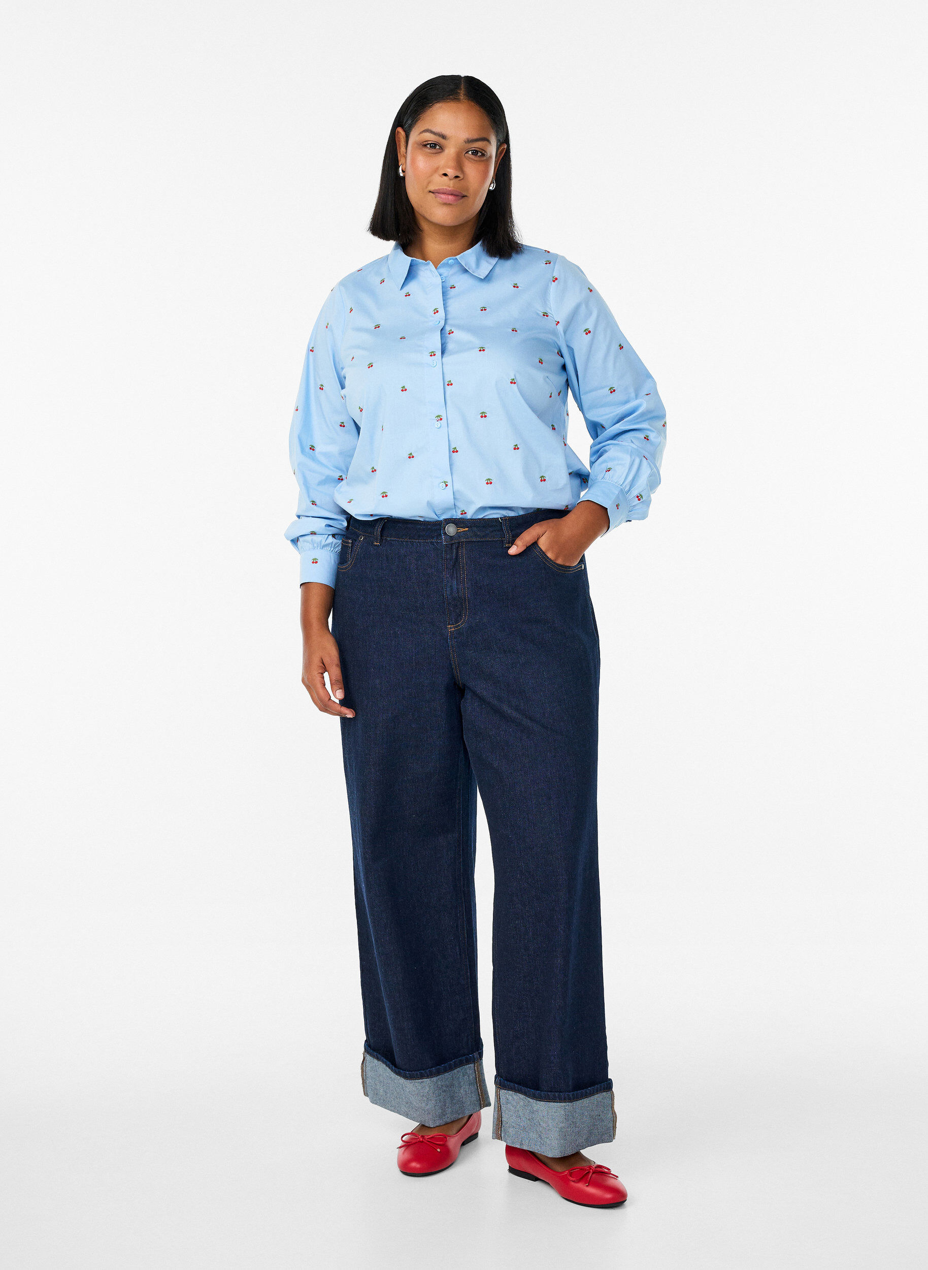 ZizziSkjorte med broderte kirseb&aelig;r, Bl&aring;, Model image number 1