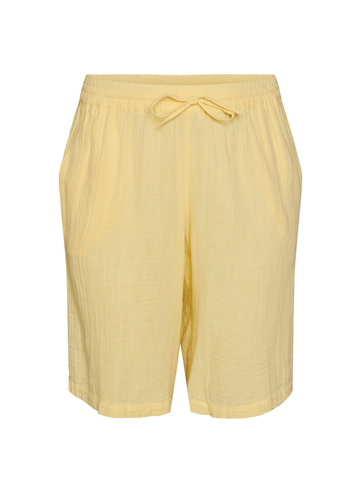 Loose fit bomullsmusselinshorts med h&oslash;y midje, Gul, Packshot image number 0