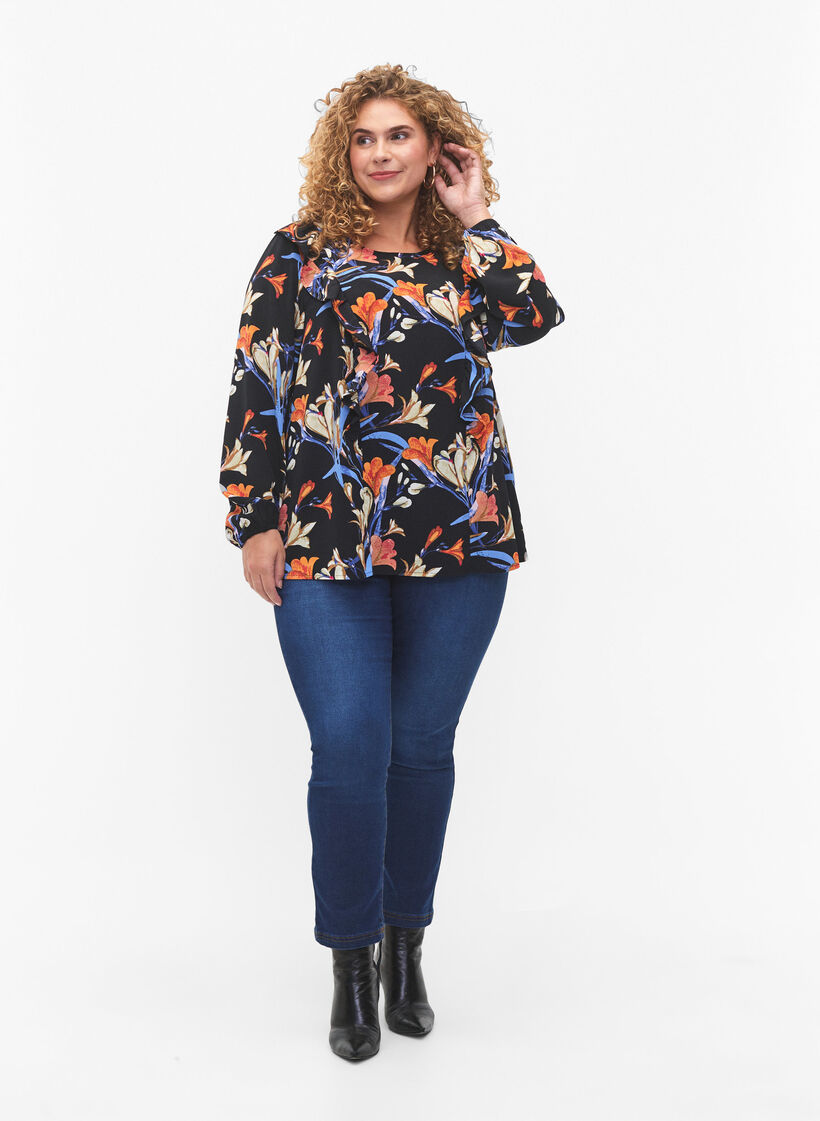 Bluse med lange ermer og volanger, Black Flower AOP, Model image number 2