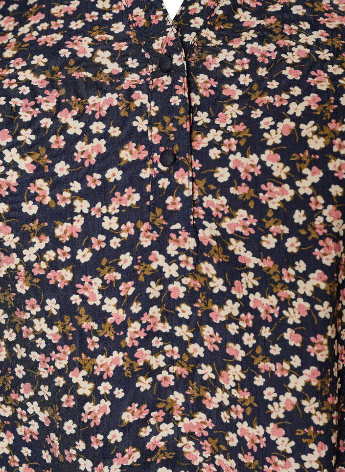 Bluse i blomstrete viskose med korte ermer og smokkdetaljer, Bl&aring;, Packshot image number 2