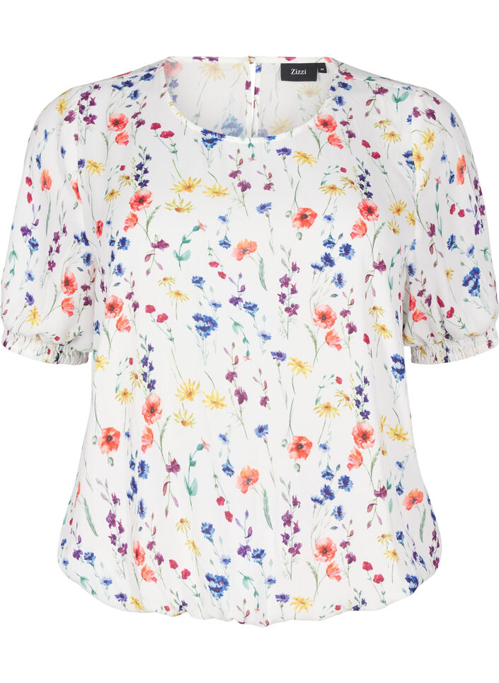 Blomstrete bluse med smock, Bl&aring;, Packshot image number 0