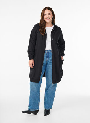 Zizzi Lang treningscardigan i bomull med hette, Svart, Model image number 1