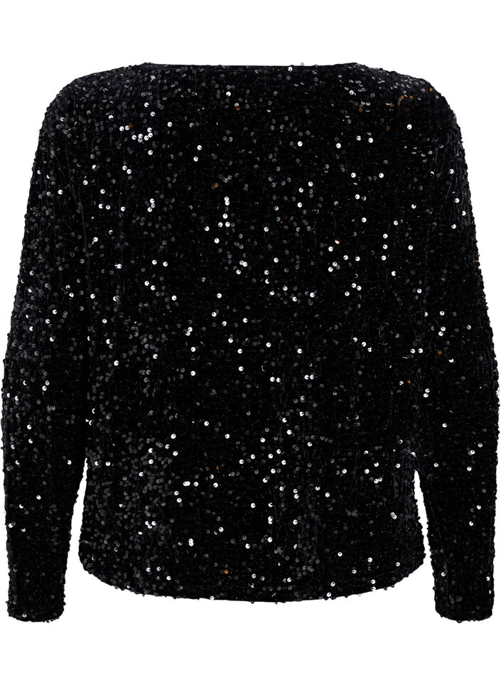 Bluse med paljetter og lange ermer, Svart, Packshot image number 1