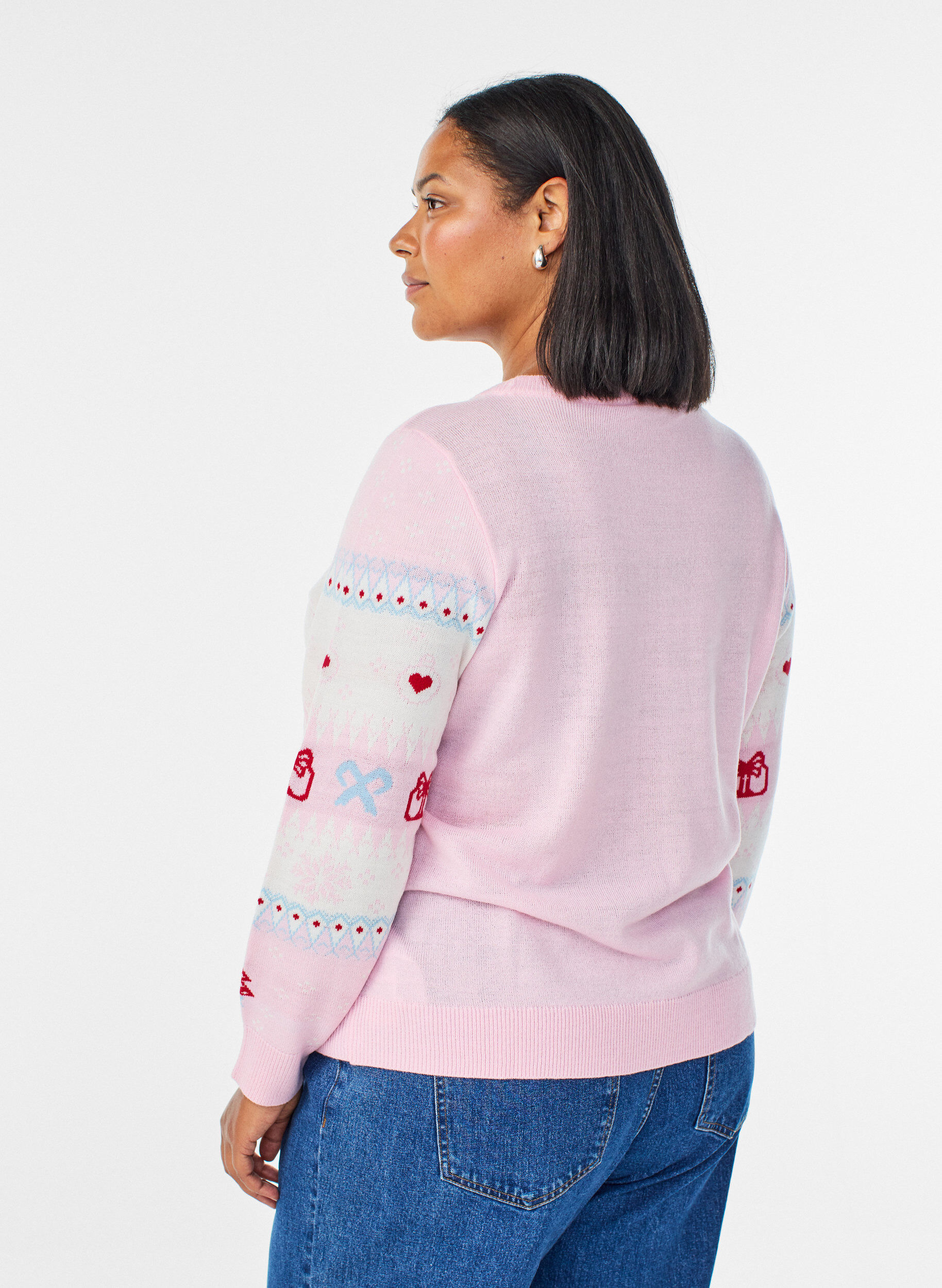 Zizzi Strikkebluse med julemotiv, Rosa, Model image number 2