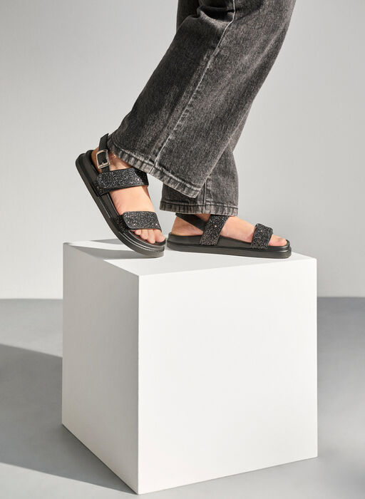 Glittersandal med bred passform og borrelåslukking, Svart Glittersandal med bred passform og borrelåslukking