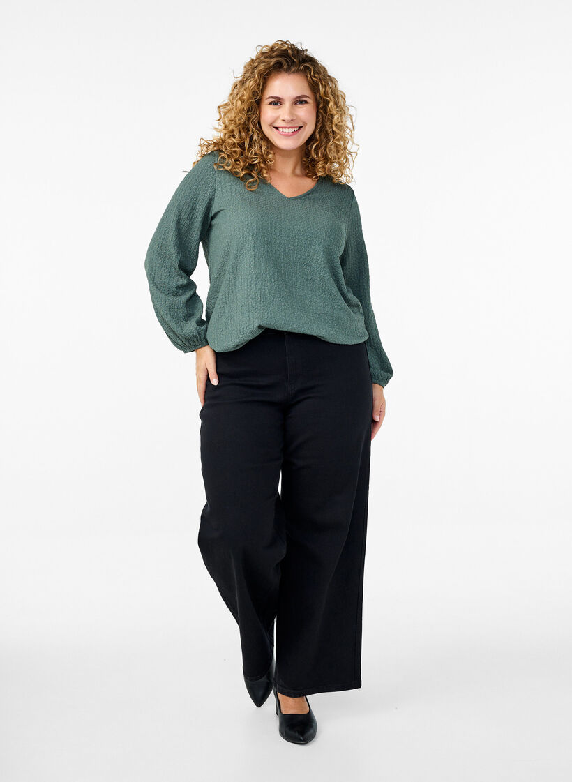FLASH - Bluse med tekstur og lange ermer, Balsam Green, Model image number 2