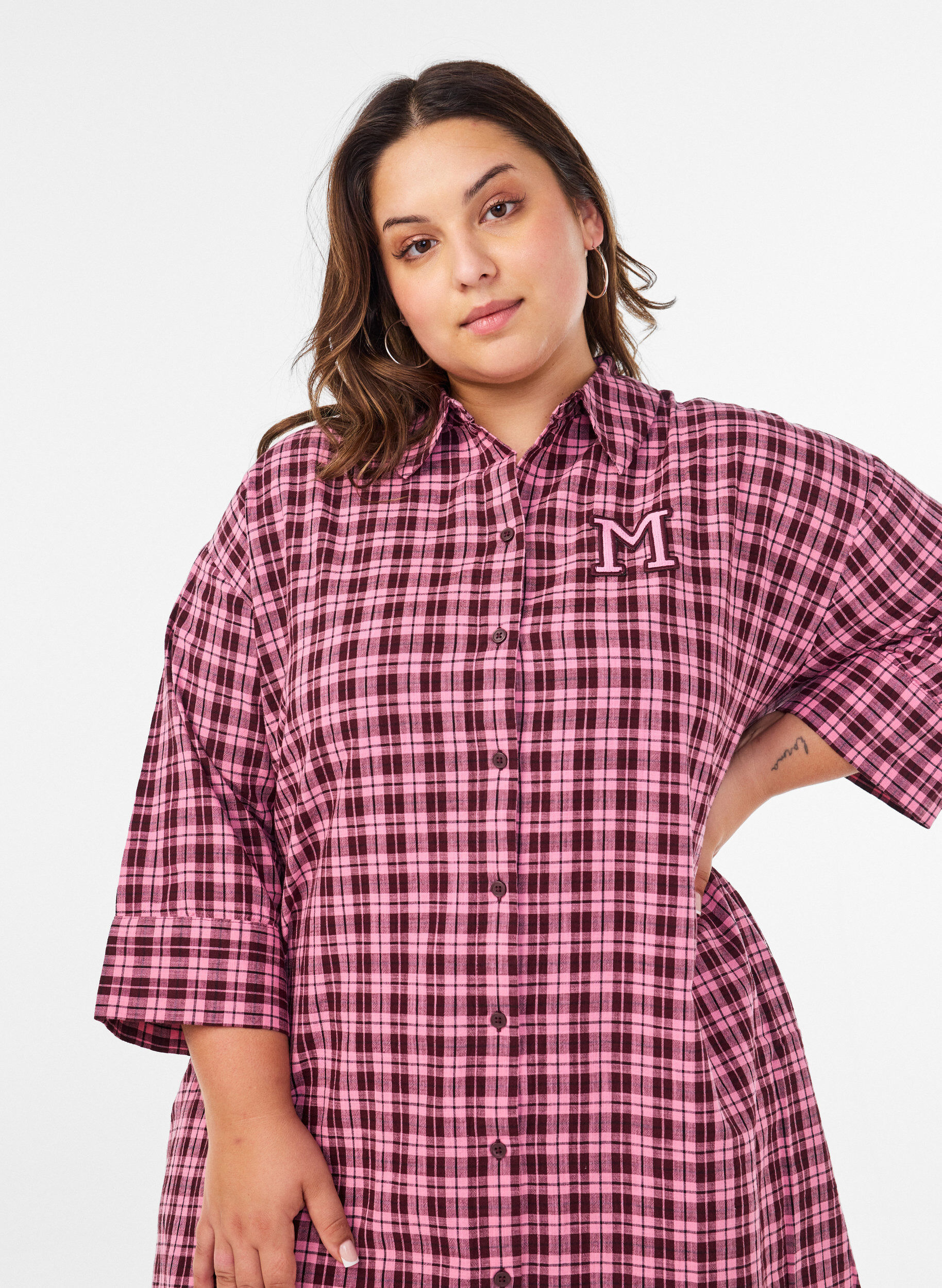 ZizziLangrutete skjorte med 3/4 ermer, Rosa, Model image number 2