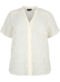 Kortermet skjortebluse med broderi anglaise, Antique White Kortermet skjortebluse med broderi anglaise