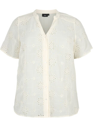 Zizzi Kortermet skjortebluse med broderi anglaise, Antique White, Packshot image number 0