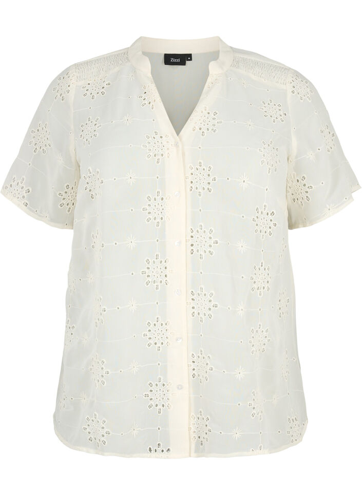 Kortermet skjortebluse med broderi anglaise, Antique White, Packshot image number 0