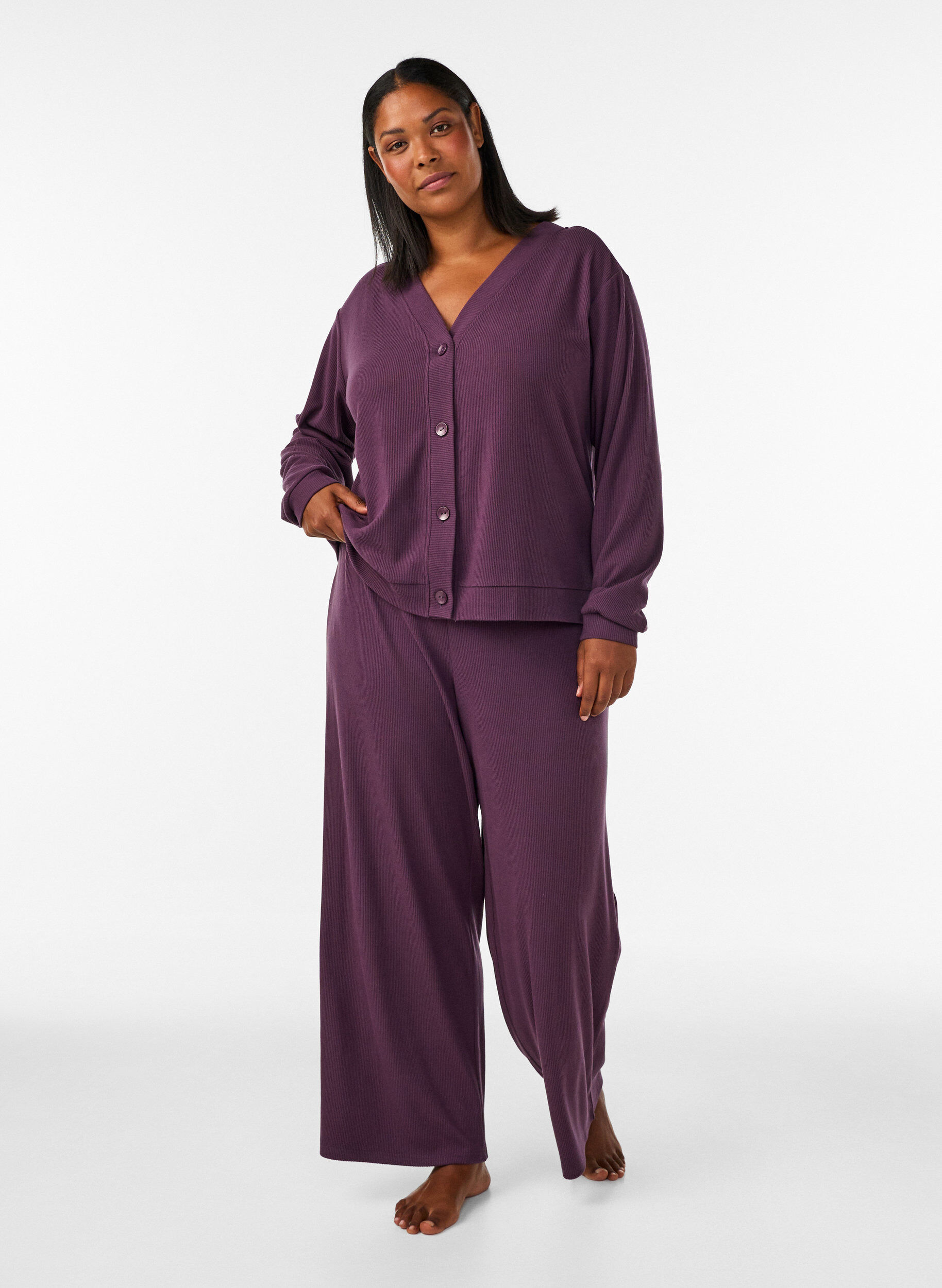 ZizziRibbestrikket jerseycardigan med V-hals, Lilla, Model image number 1
