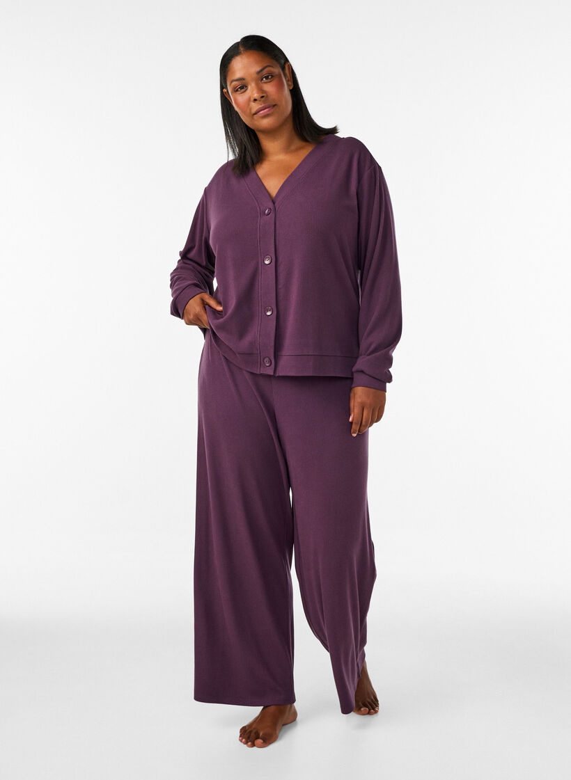 Ribbestrikket jerseycardigan med V-hals, Lilla, Model image number 1