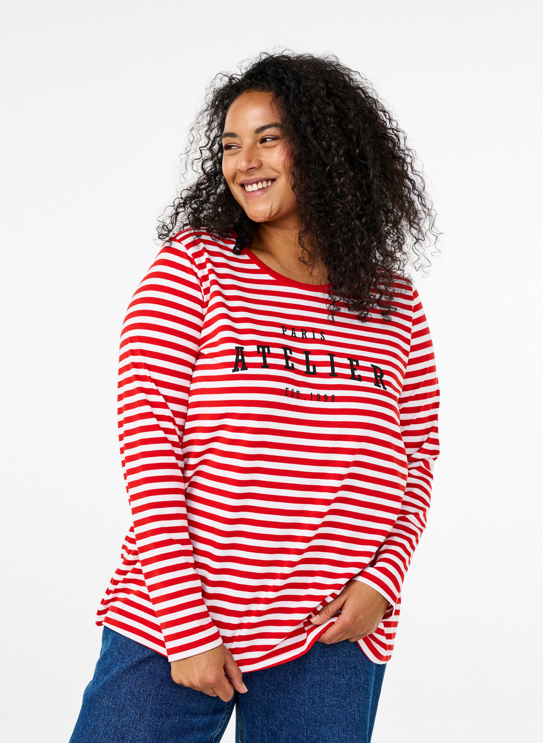 Zizzi Stripete bluse med motiv, Whitew.FlameS.Stripe, Model image number 0