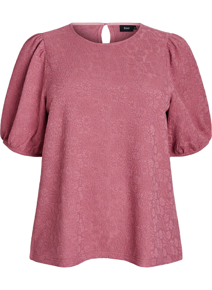 Strukturert bluse med korte ermer, Rosa, Packshot image number 0