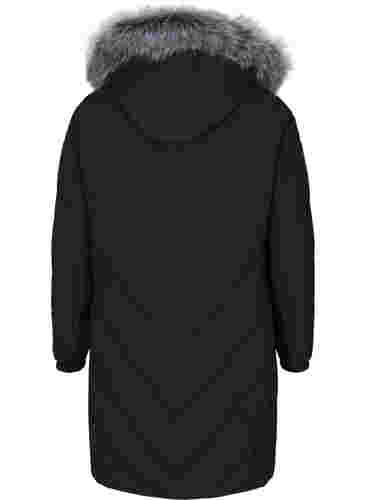 Vinterjakke med avtagbar hette og stor imitert pelskrave, Black, Packshot image number 1