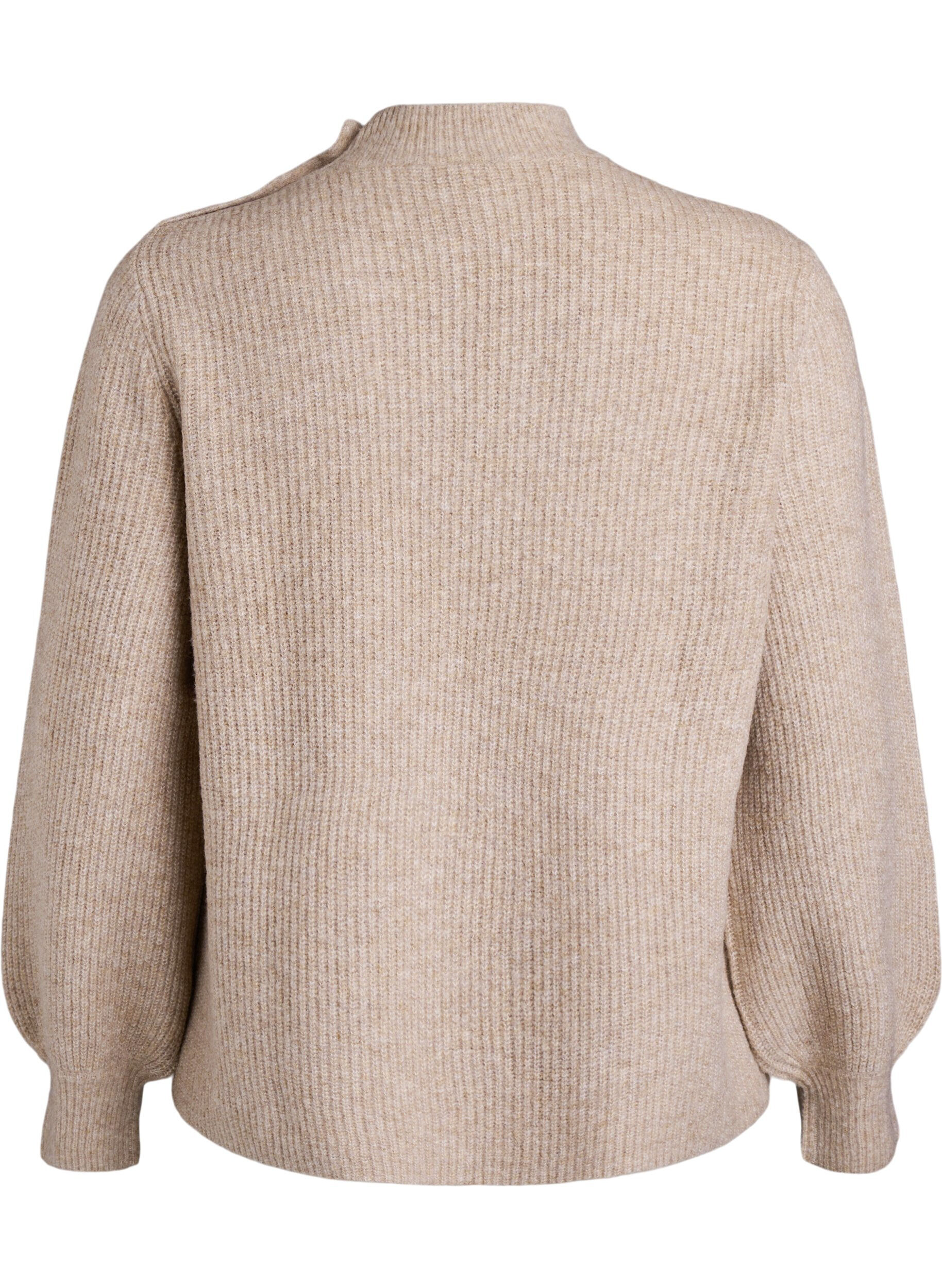 ZizziRibbestrikket genser med puffede ermer og knapper, Beige, Packshot image number 1