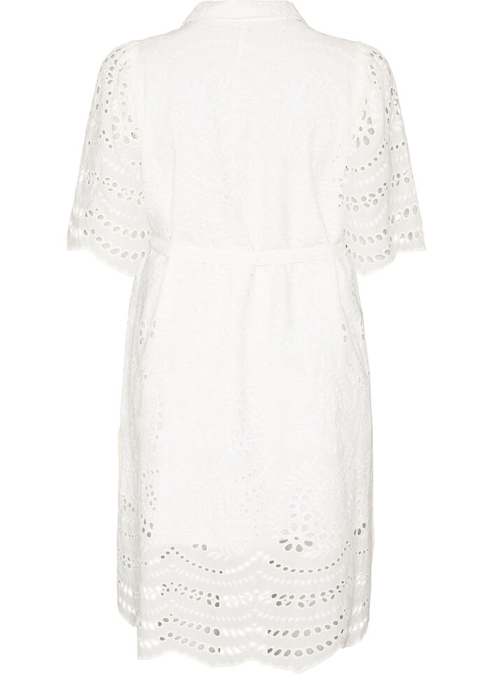 Skjortekjole i broderie anglaise med knytebelte, Hvit, Packshot image number 1