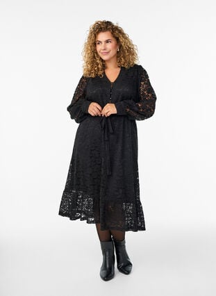 Zizzi Blondekjole med lange ermer og knytebelte, Svart, Model image number 0