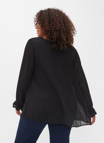 Bluse i plissé med V-hals, Black, Model image number 1