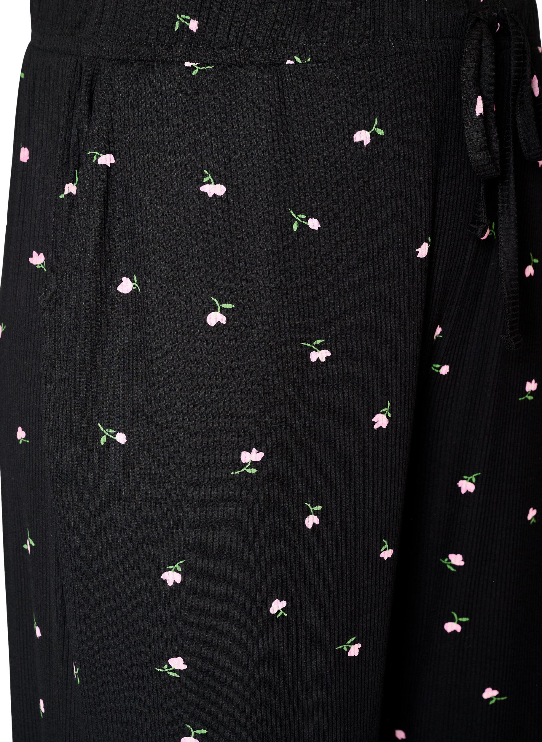 ZizziPyjamabukser med ribbet tekstur og blomstertrykk, Svart, Packshot image number 2