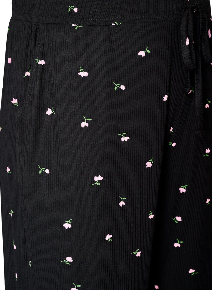 Pyjamabukser med ribbet tekstur og blomstertrykk, Svart, Packshot image number 2
