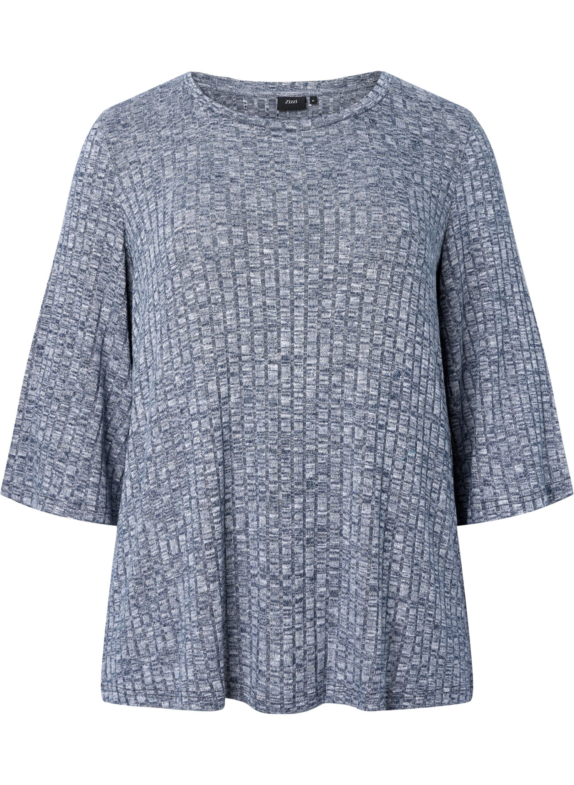 Zizzi Bluse i melange med rund hals og 3/4-ermer, Dress Blues Mel., Packshot image number 0
