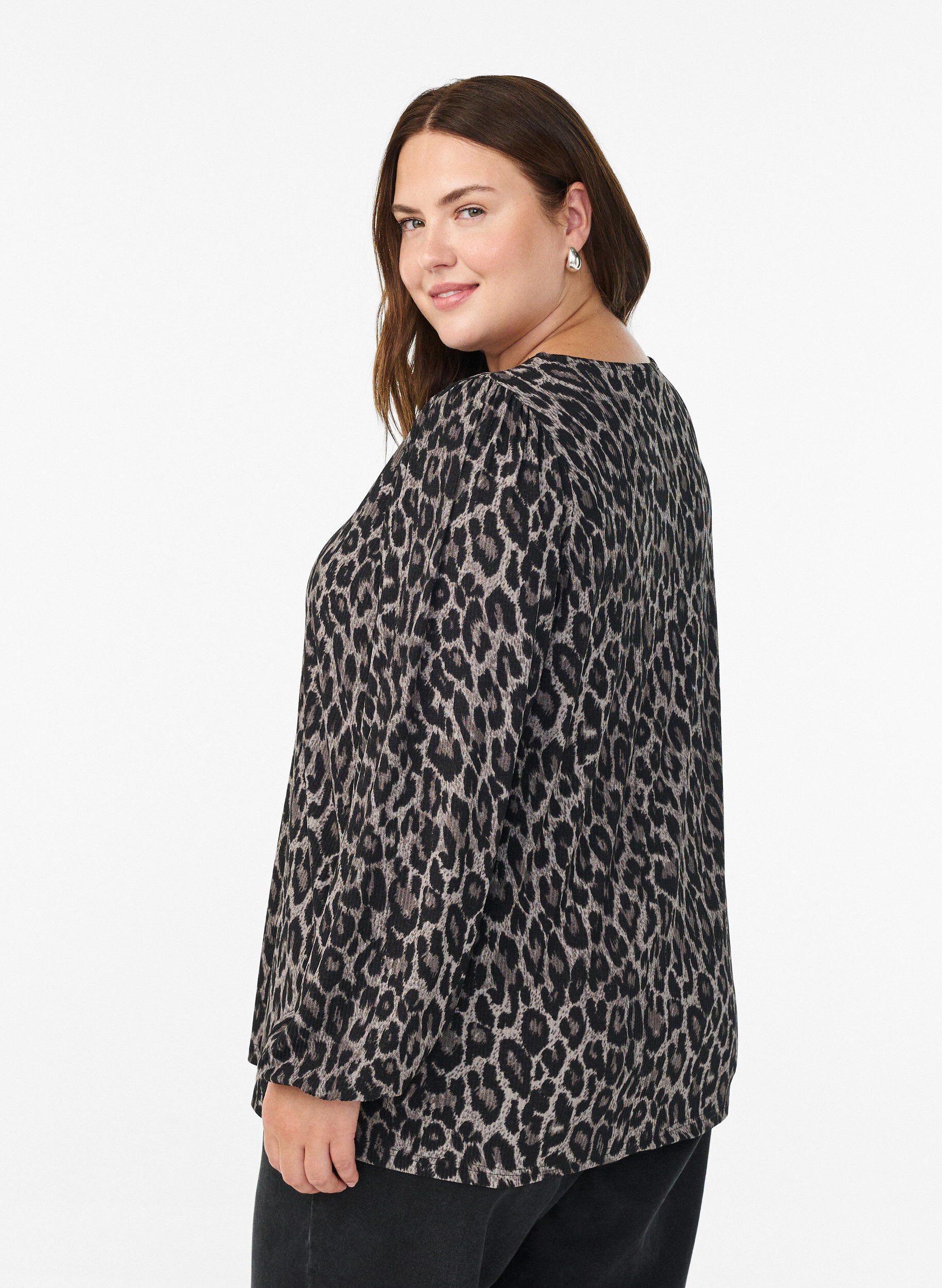 ZizziBluse med lange ermer og leopardm&oslash;nster, Gr&aring;, Model image number 2