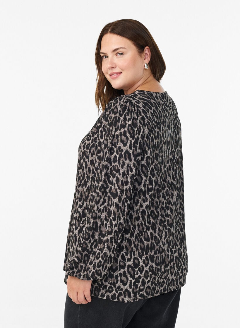 Bluse med lange ermer og leopardm&oslash;nster, Gr&aring;, Model image number 2