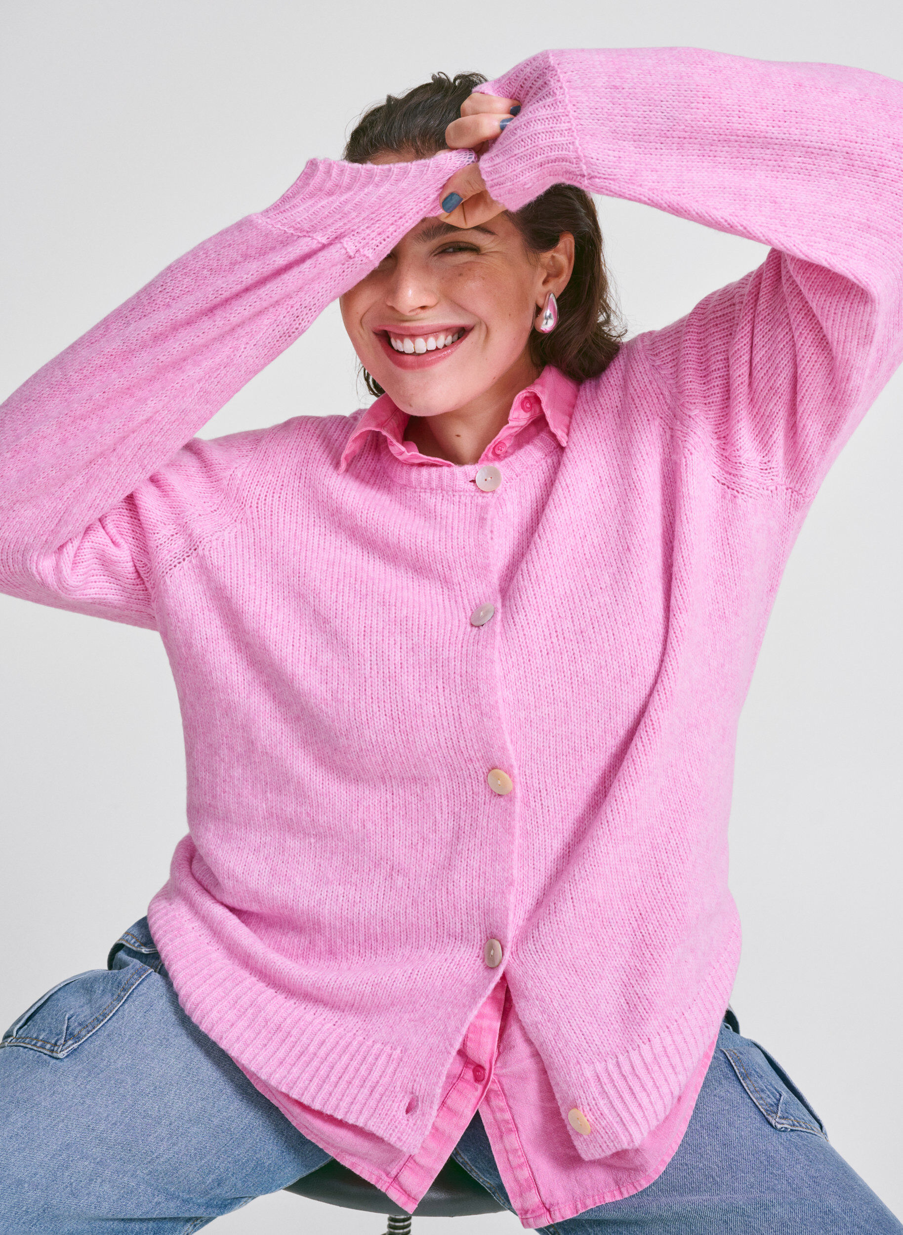Zizzi Strikket cardigan med ull og knapper, Begonia Pink Mel., Image image number 0