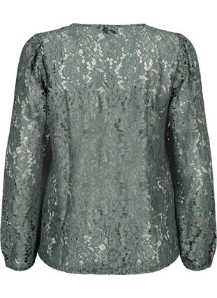 FLASH – Bluse med lange ermer og blonder, Balsam Green, Packshot image number 1