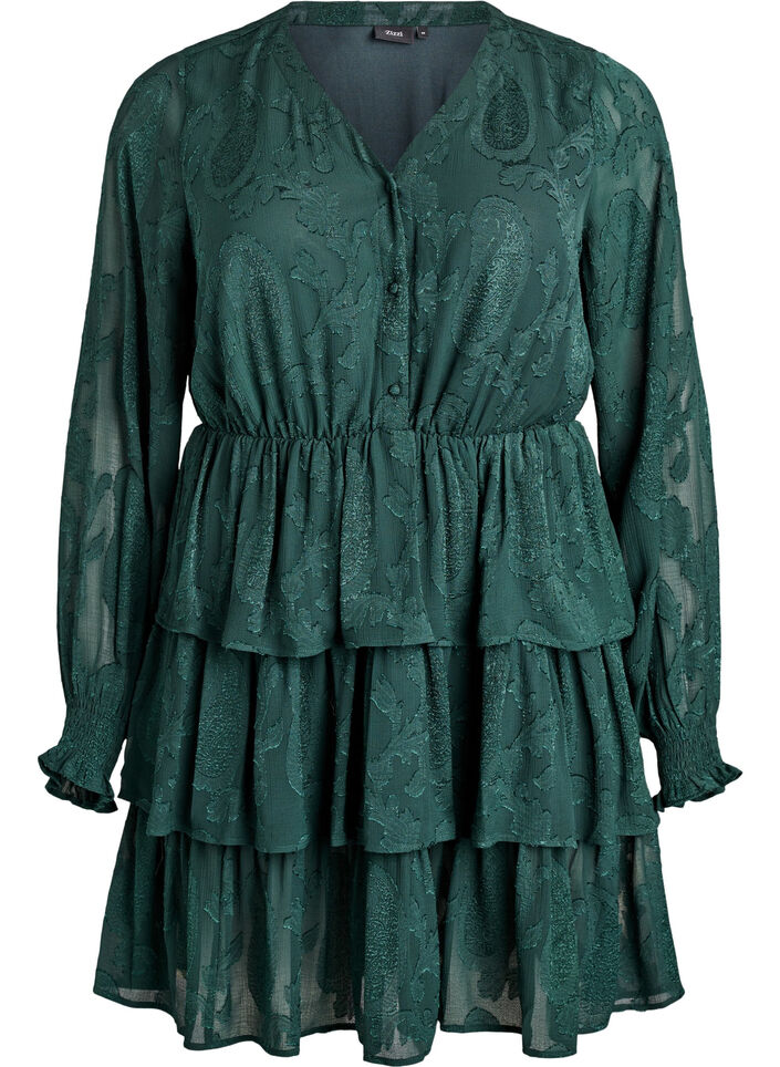 Kort kjole med volanger og teksturert mønster, Grønn, Packshot image number 0