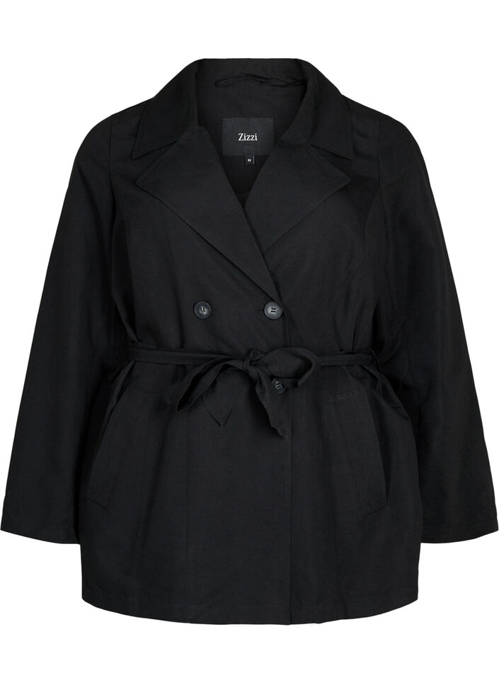 Trenchcoat med belte og lommer, Black, Packshot image number 0