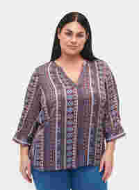 Bluse med mønster og 3/4-ermer, Brown Blue Ethnic, Model