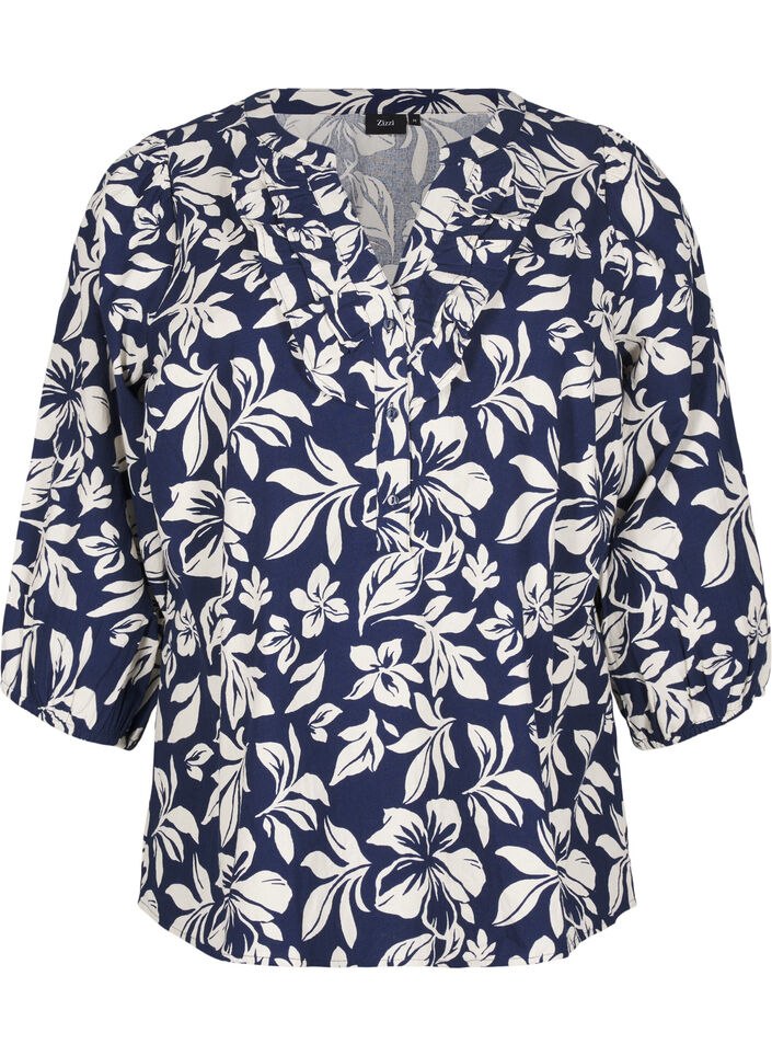 3/4-ermet bomullsbluse med trykk, Naval Academy Flower, Packshot image number 0