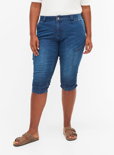 Slim fit caprijeans med lommer, Dark blue denim, Model image number 3