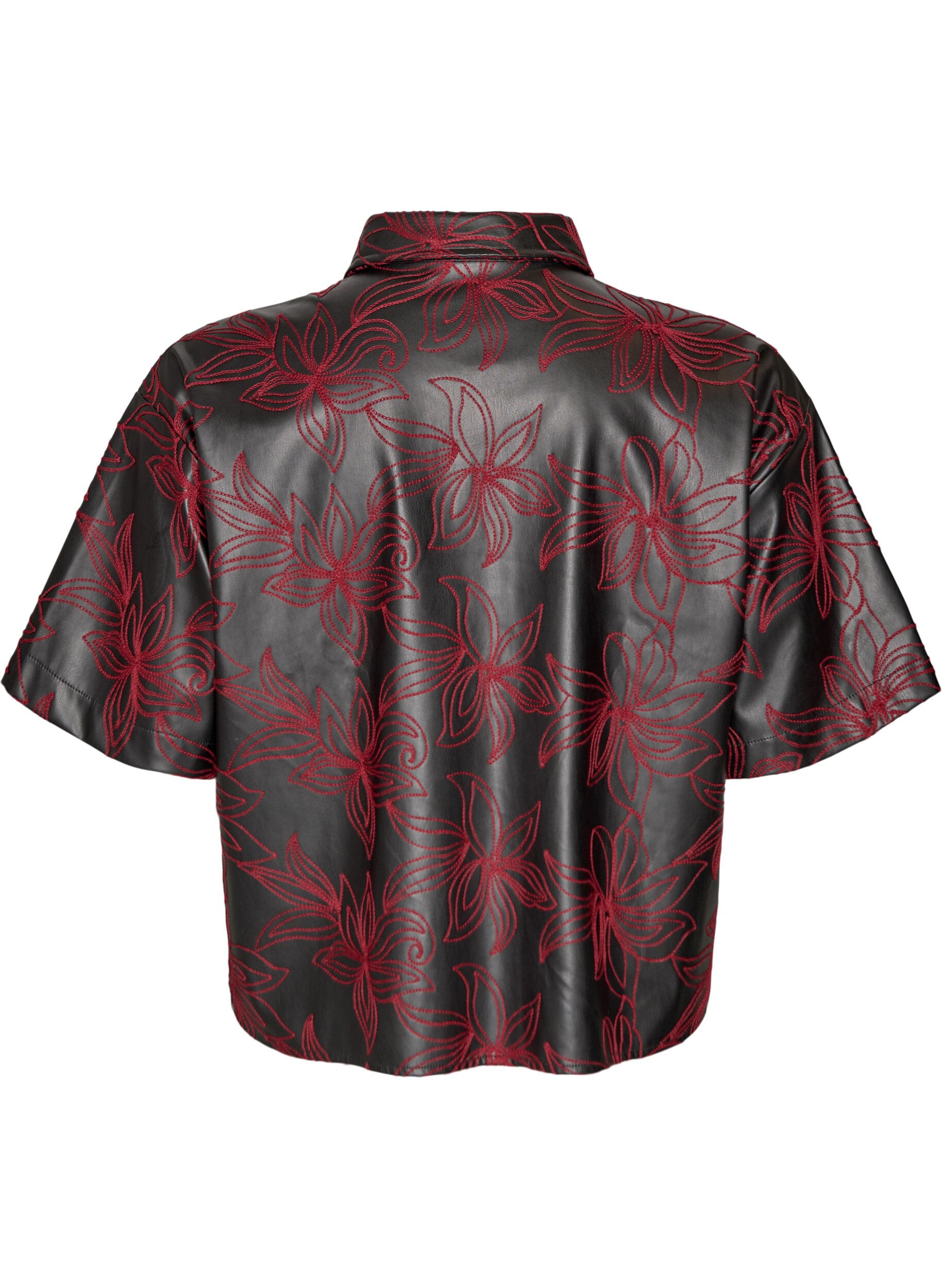 Zizzi Kort imitert skinnskjorte med kontrastbroderi, Svart, Packshot image number 1