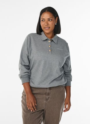 Zizzi Sweat poloskjorte med dekorative knapper, Grå, Model image number 0