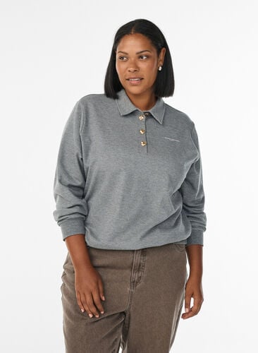 Zizzi Sweat poloskjorte med dekorative knapper, Grå, Model image number 0