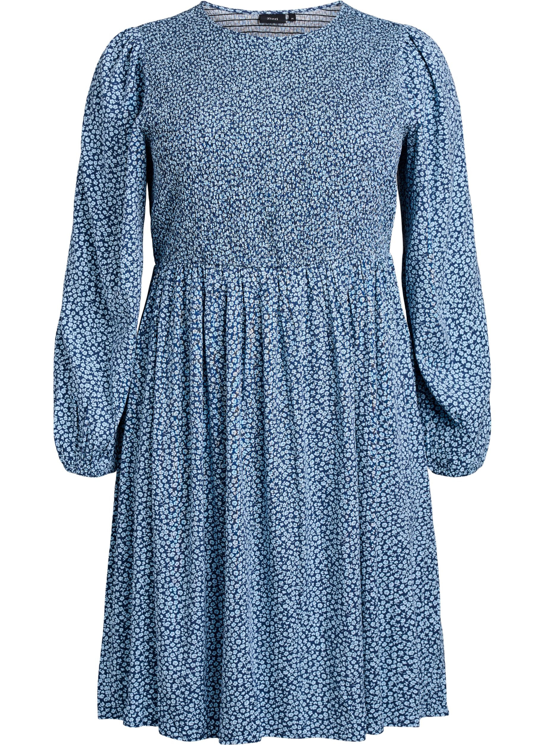 ZizziKjole med smocket topp og sm&aring;blomstret m&oslash;nster, Bl&aring;, Packshot image number 0