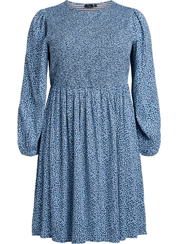 Kjole med smocket topp og sm&aring;blomstret m&oslash;nster, Bl&aring;, Packshot image number 0
