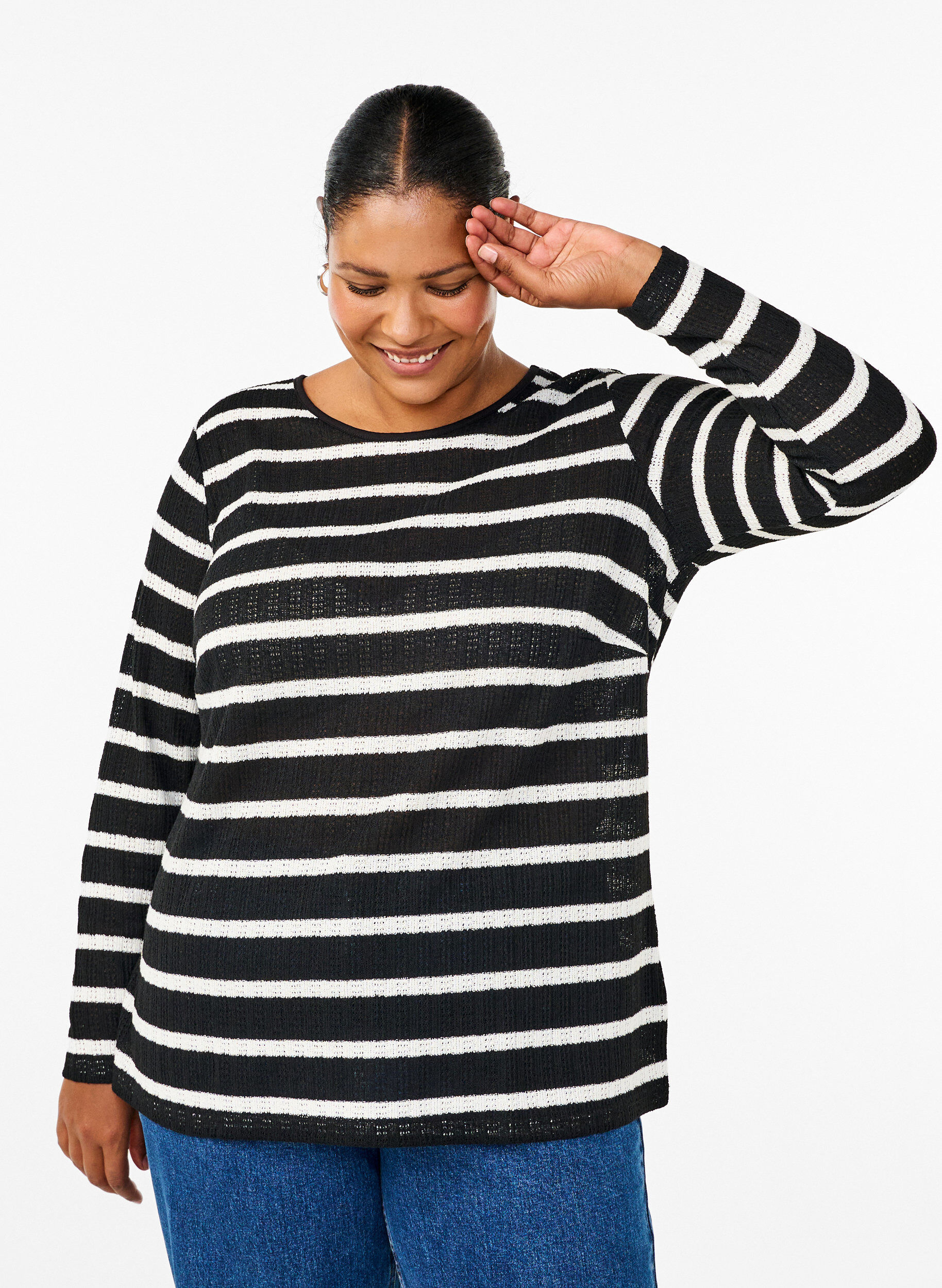 Zizzi Bluse med striper og lange ermer, Black Sand Stripe, Model image number 0