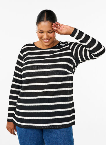 Zizzi Bluse med striper og lange ermer, Black Sand Stripe, Model image number 0