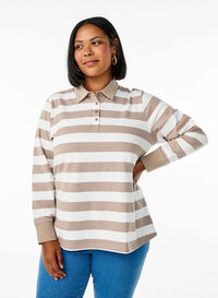 Langermet poloskjorte med striper, Beige Langermet poloskjorte med striper, Beige, Model