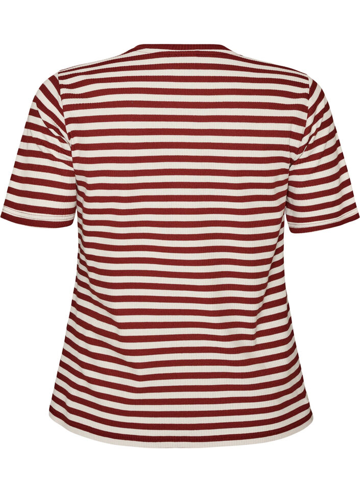 T-shirt med striper og ribbestrikket struktur, R&oslash;d, Packshot image number 1