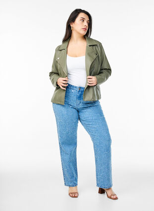 Zizzi Imitert skinn bikerjakke, Grønn, Model image number 1