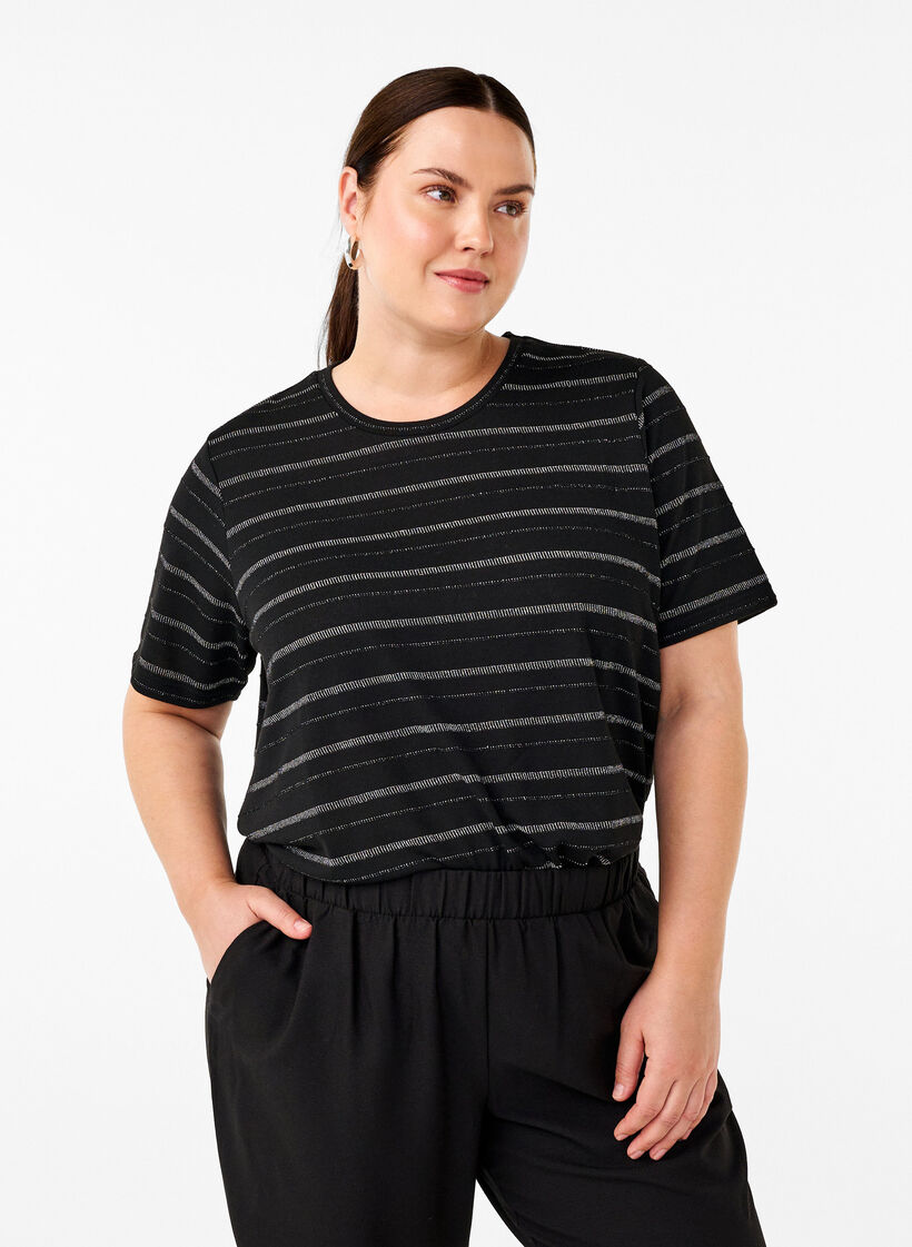 T-skjorte med sølvglitter, Black w. Silver, Model image number 0