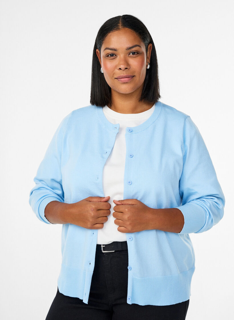 Finstrikket cardigan med rund hals, Bl&aring;, Model image number 0