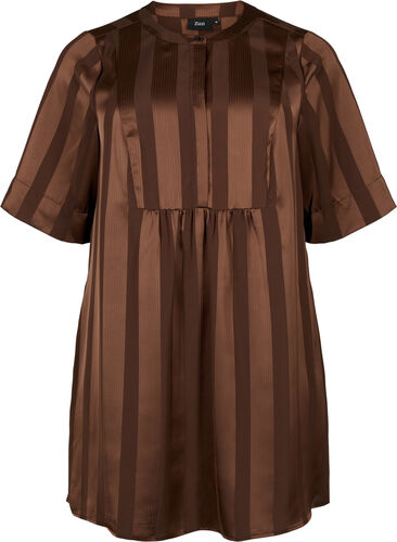 A-lineskåret kjole med striper og halvlange ermer, Chestnut, Packshot image number 0