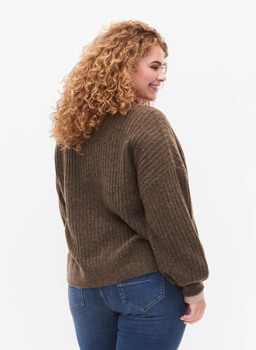 Strikket ribbestrikket cardigan med knapper, Brown Mel., Model image number 1