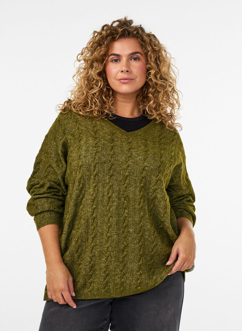 Strikket bluse med flettestrikk og V-hals, Gr&oslash;nn, Model image number 0